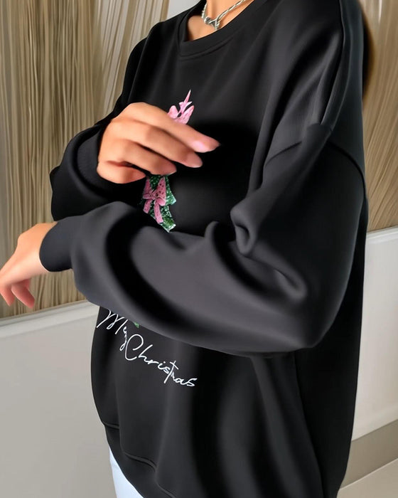 Crewneck Sweatshirt Med Jultryck Och Långa Ärmar