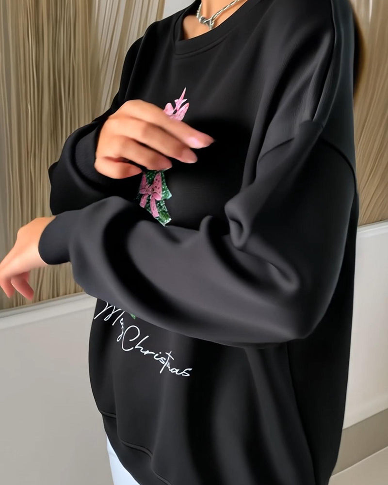 Crewneck Sweatshirt Med Jultryck Och Långa Ärmar