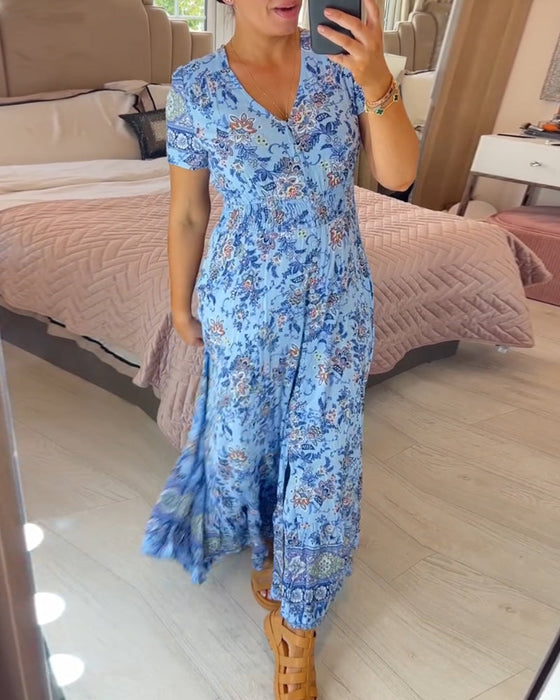 V-ringad klänning med blommönster