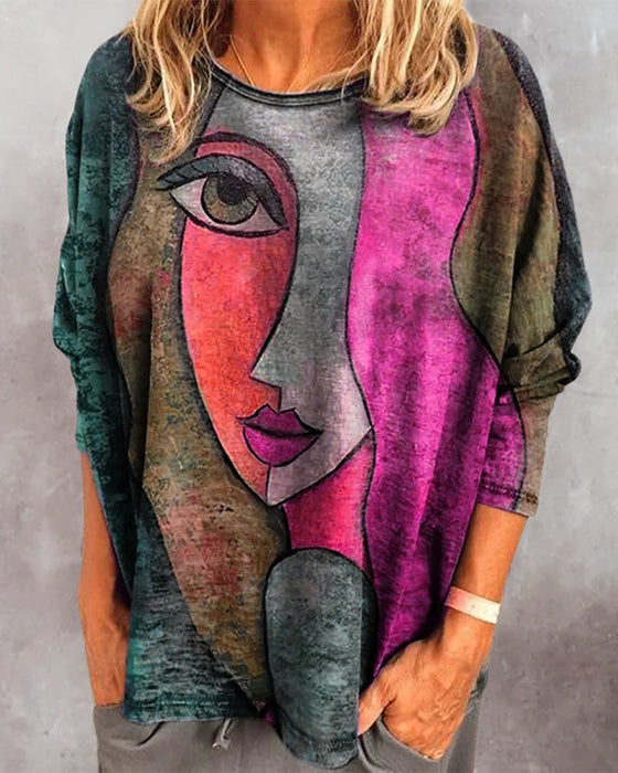 Långärmad topp med ansiktstryck