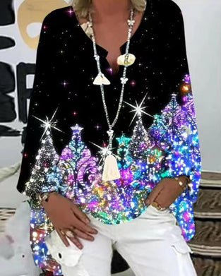 Topp med V-ringad långärmad med tryckt