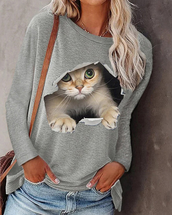 Långärmad topp med katttryck