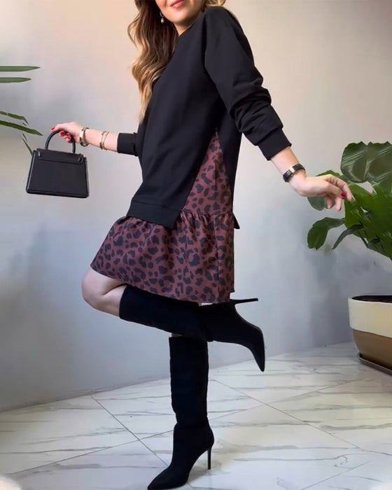 Patchwork ledig klänning i leopardmönstret