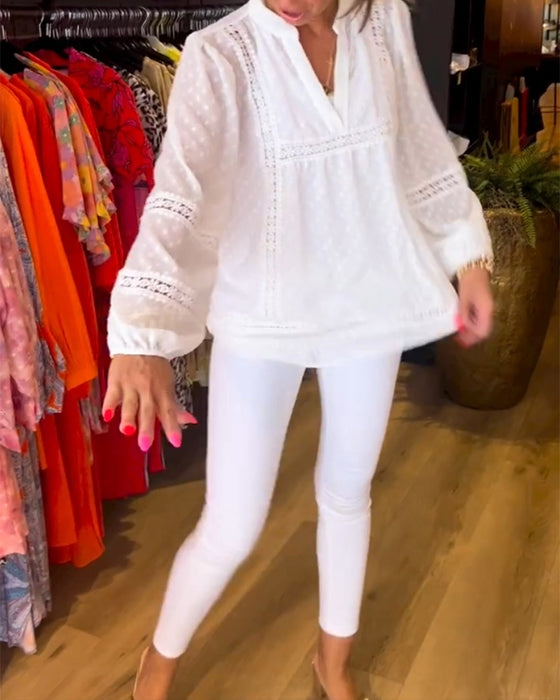 V-ringad spetspanel långärmad topp