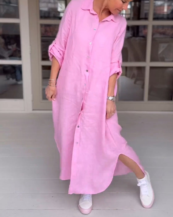Enfärgad casual klänning med knappslag