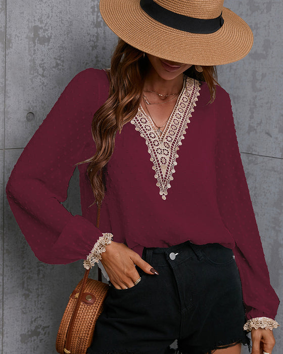 Enfärgad långärmad blusar med spets