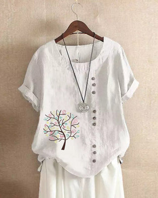 T-shirt med rund hals och bladtryck