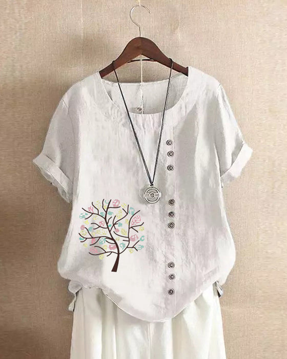 T-shirt med rund hals och bladtryck