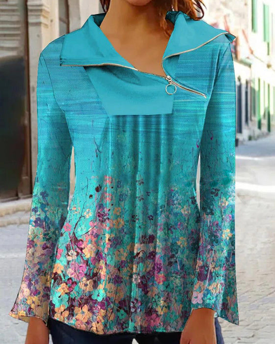 Tryckt dragkedja långärmad topp