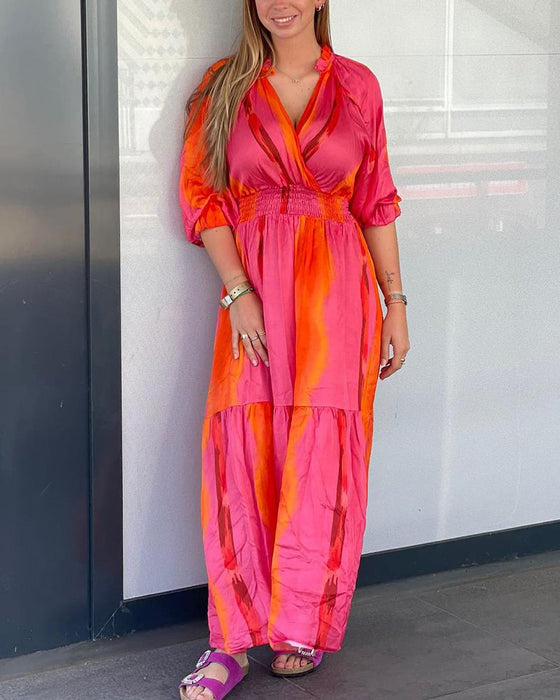 3/4-ärm klänning med v-ringning