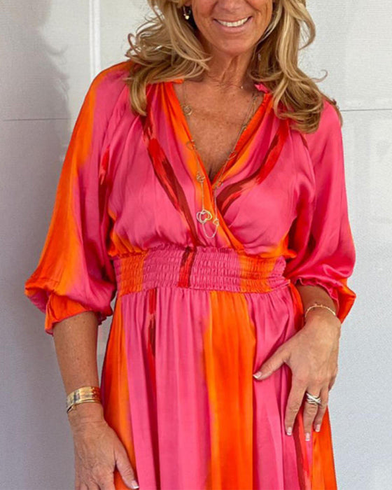 3/4-ärm klänning med v-ringning