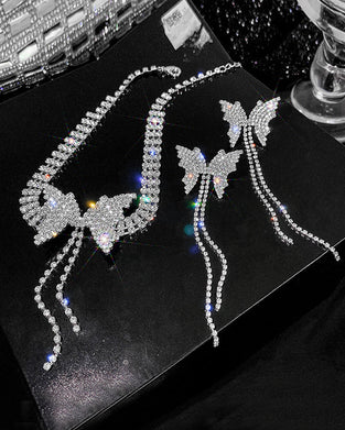Rhinestone Butterfly Tofs Chain Halsband Örhängen