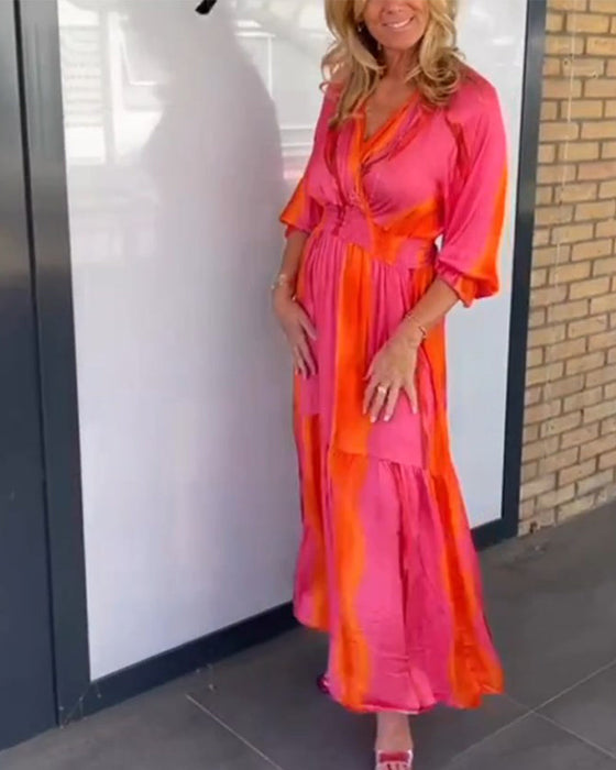 3/4-ärm klänning med v-ringning