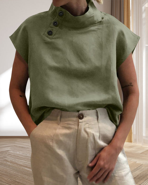 Topp med knappar och stativkrage i bomull och linne