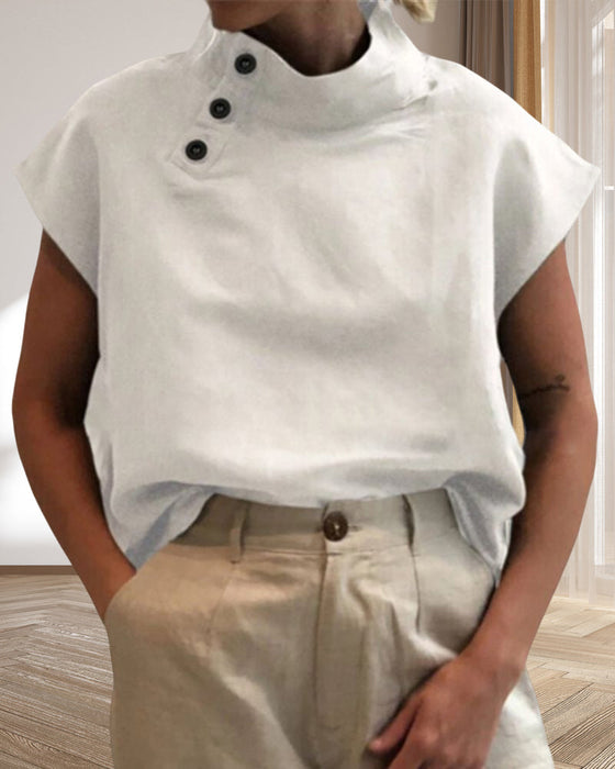 Topp med knappar och stativkrage i bomull och linne