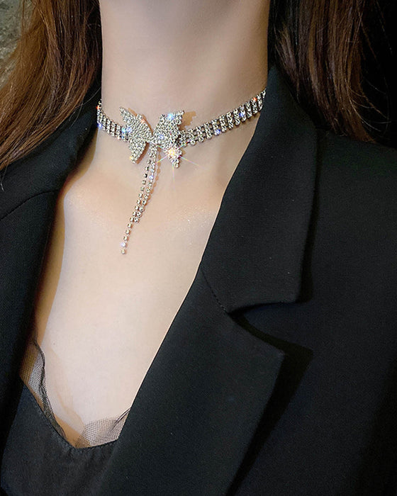 Rhinestone Butterfly Tofs Chain Halsband Örhängen