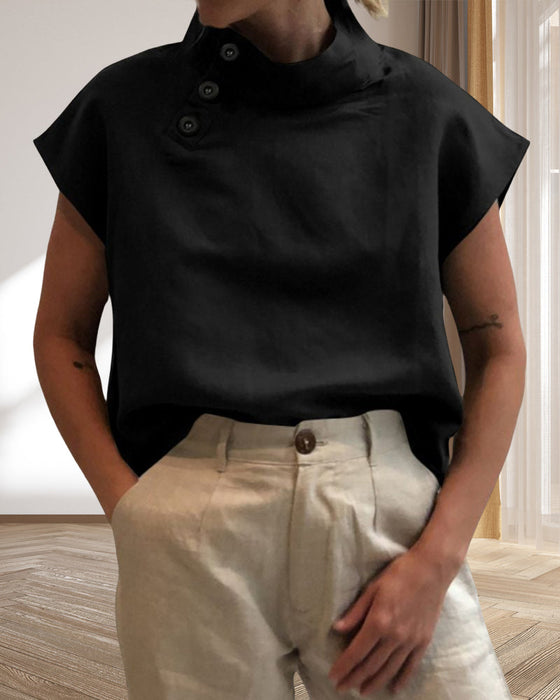 Topp med knappar och stativkrage i bomull och linne