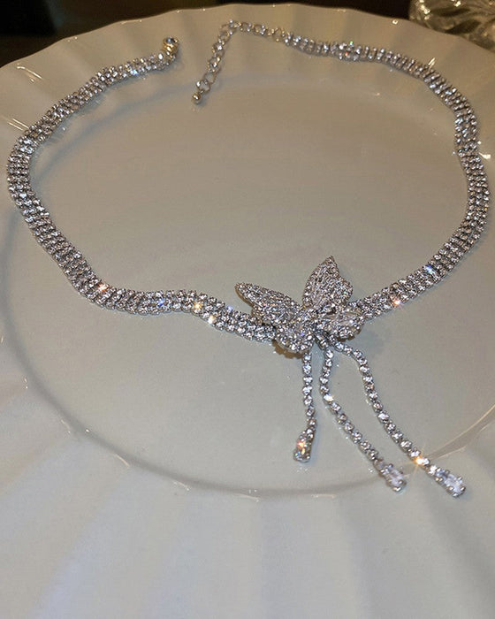 Rhinestone Butterfly Tofs Chain Halsband Örhängen
