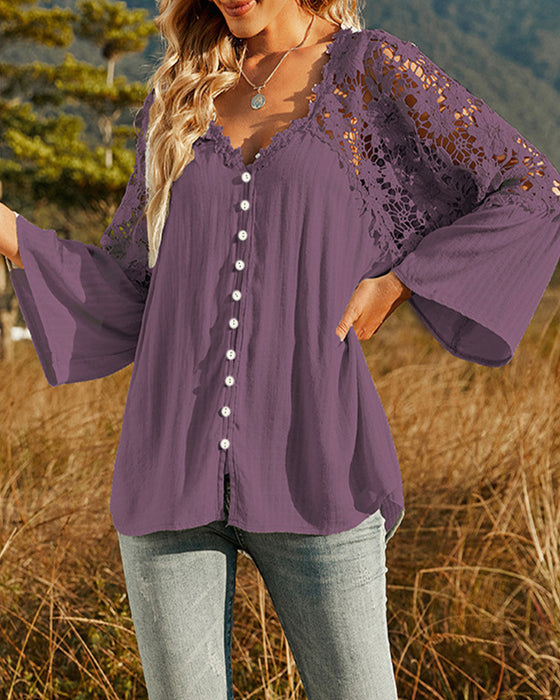 Långärmad Enfärgad Blus med Spetspanel