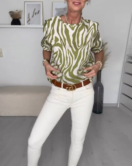 Zebratryck blus med rund hals