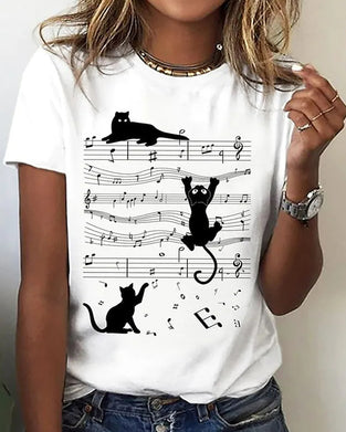 T-shirt med rund hals och musikaliskt katttryck