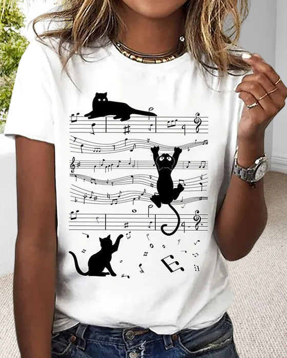 T-shirt med rund hals och musikaliskt katttryck