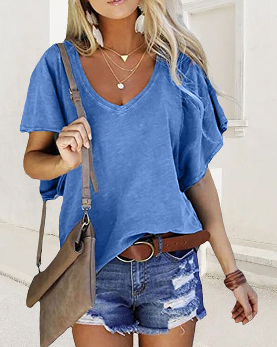 Enfärgad T-shirt med volangärmar