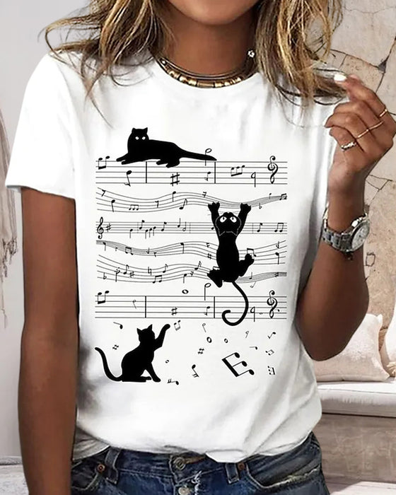 T-shirt med rund hals och musikaliskt katttryck