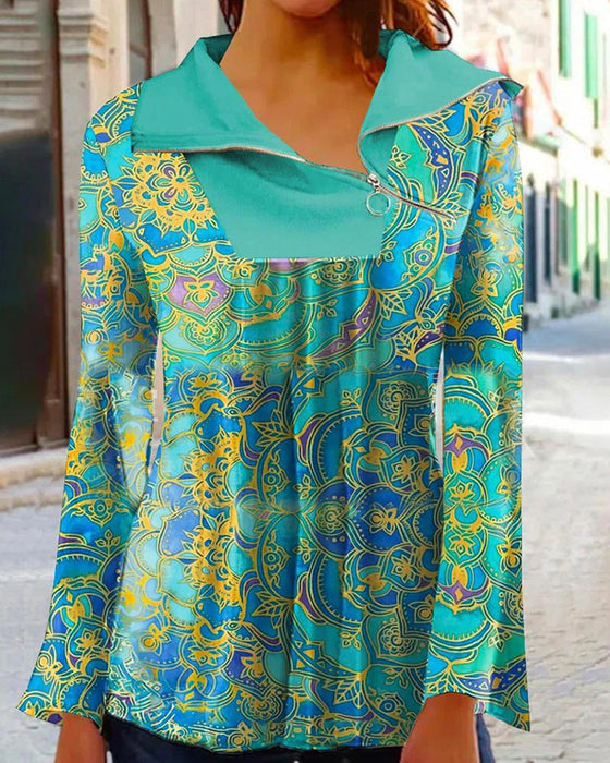 Tryckt dragkedja långärmad topp