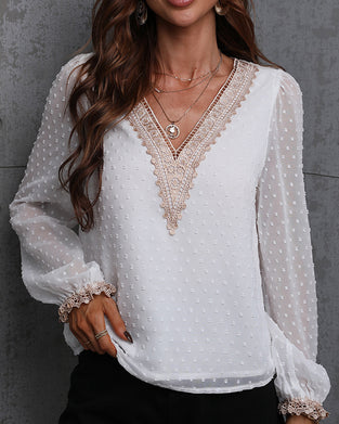 Enfärgad långärmad blusar med spets