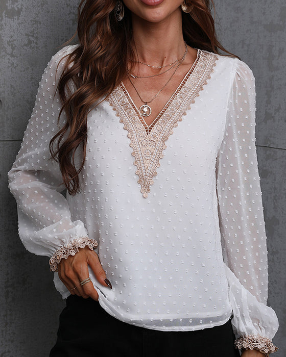 Enfärgad långärmad blusar med spets