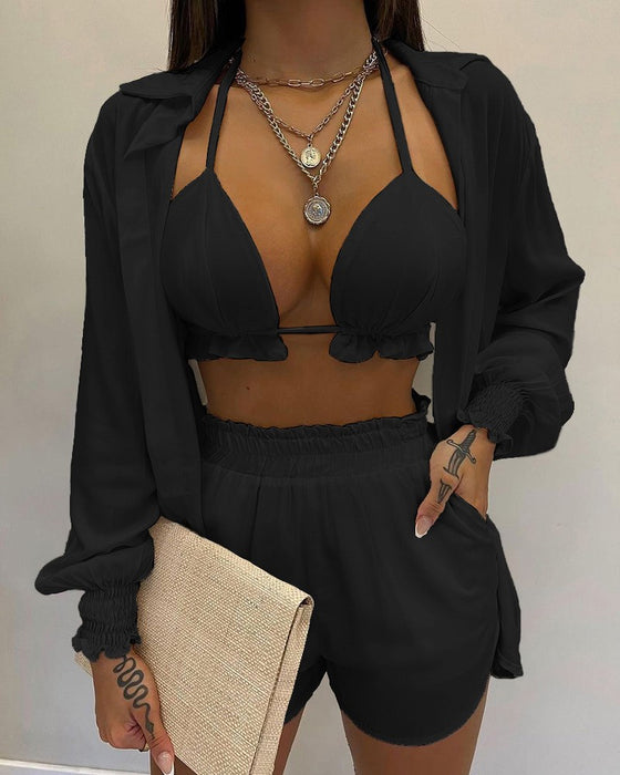 Ballongärmad skjorta bikini i tre delar