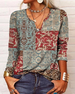 Långärmad topp med V-ringad och tryck