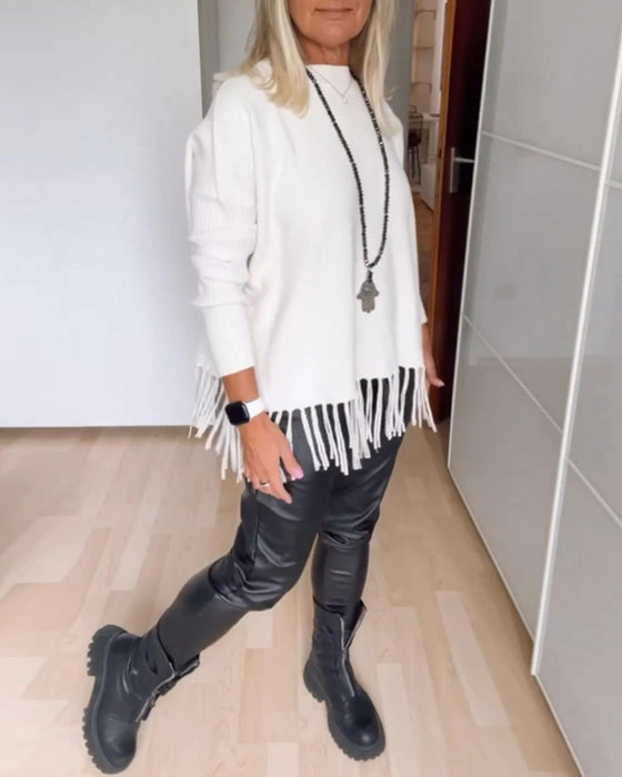 Enfärgad Avslappnad tröja med fransar