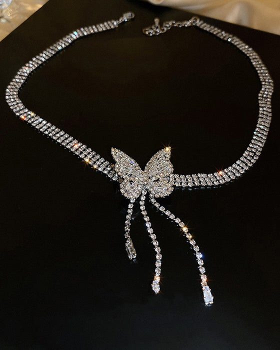 Rhinestone Butterfly Tofs Chain Halsband Örhängen