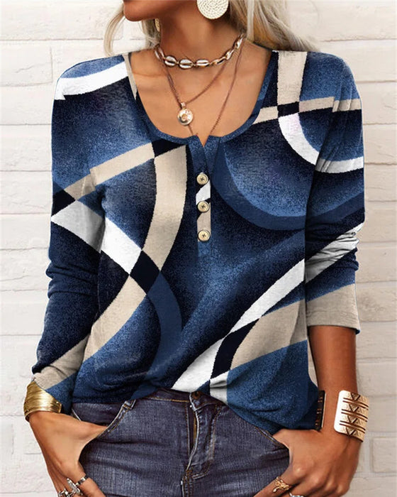 Långärmad U-ringad Topp med Knappar