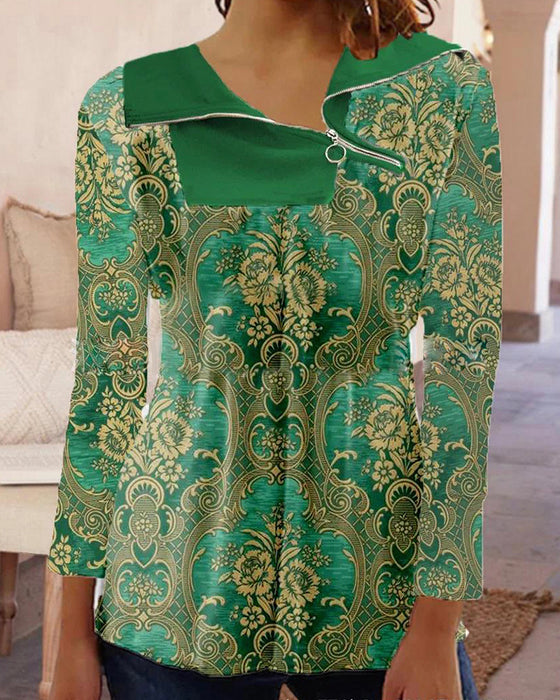 Tryckt dragkedja långärmad topp