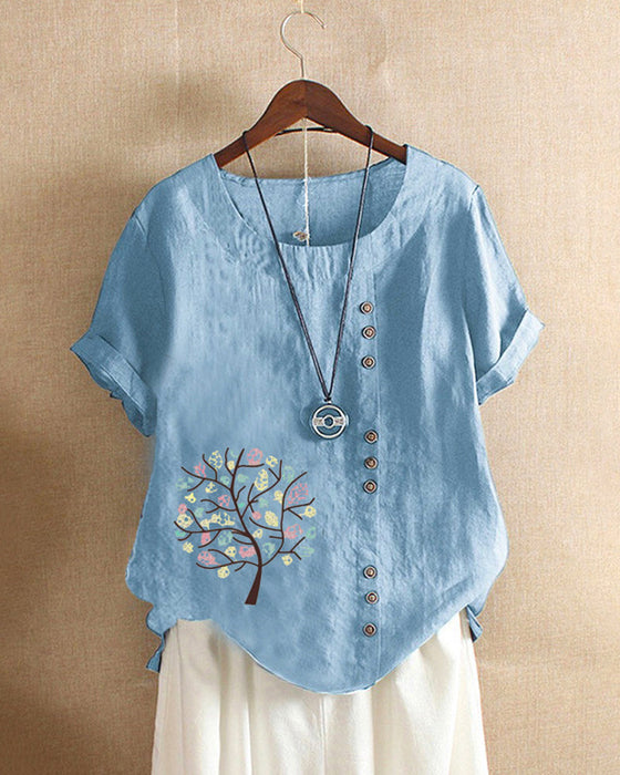 T-shirt med rund hals och bladtryck