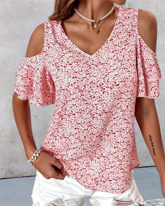 T-shirt med blommönster med kall axel