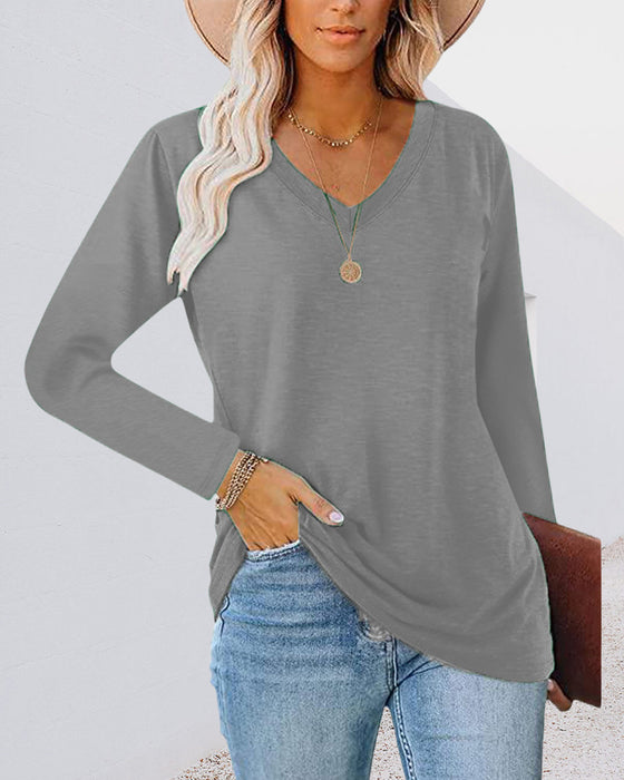 V-ringad enfärgad långärmad t-shirt