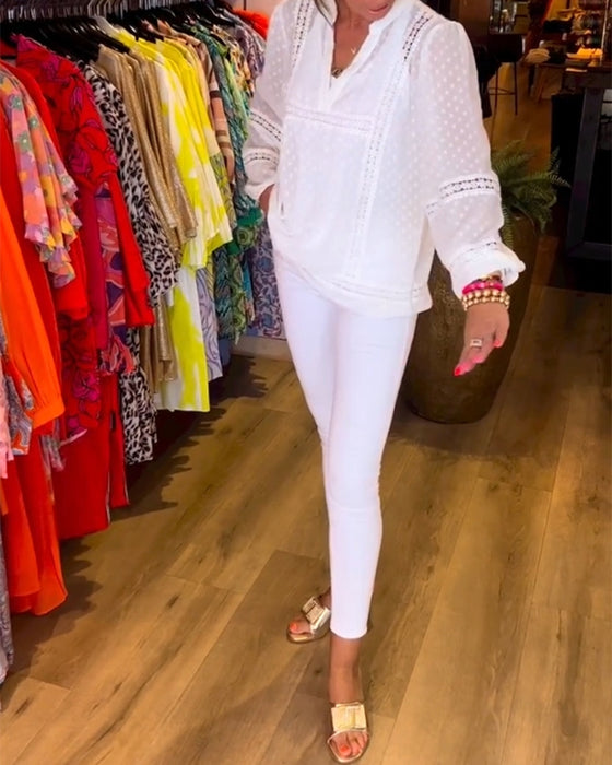 V-ringad spetspanel långärmad topp