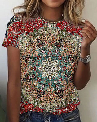 Tryckt kortärmad t-shirt med rund hals