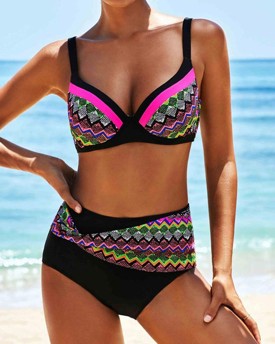 Hög midja push-up bikinis med Stripe Print