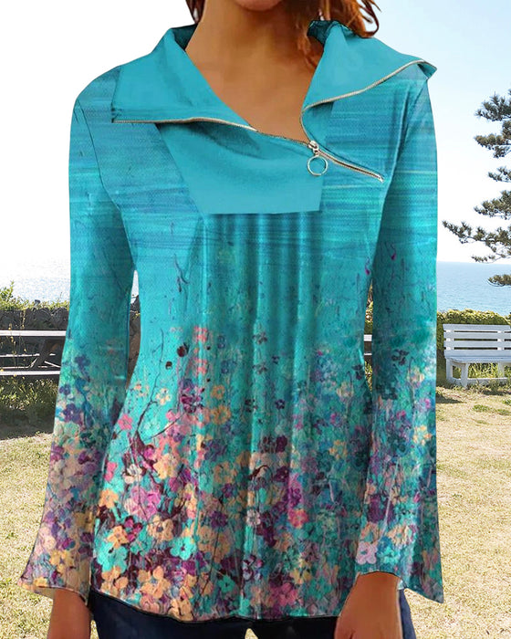 Tryckt dragkedja långärmad topp