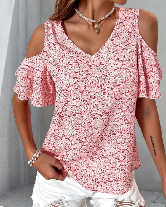 T-shirt med blommönster med kall axel