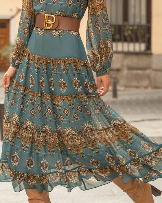 V-ringad Avslappnad klänning i etnisk stil