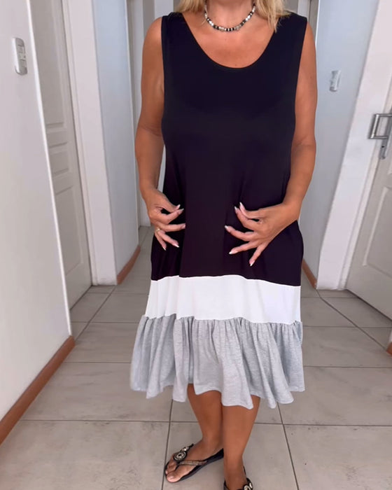 Färgblockerad ärmlös klänning med rund halsringning