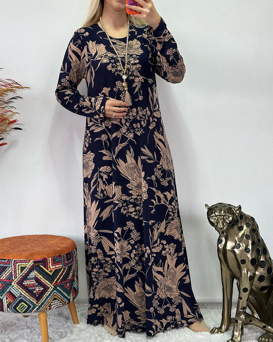 Klänning med rund hals och blommönster