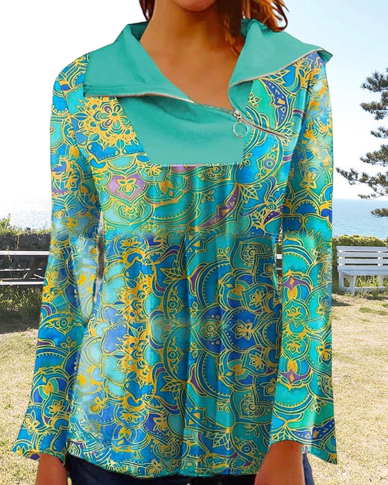 Tryckt dragkedja långärmad topp