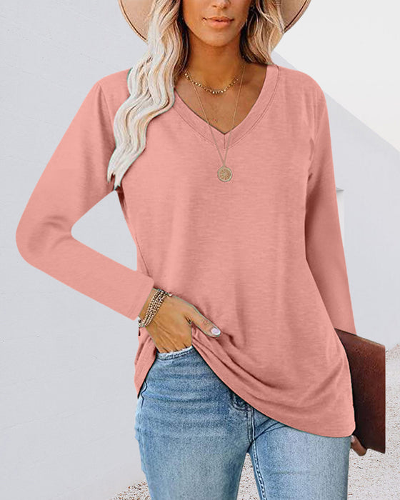 V-ringad enfärgad långärmad t-shirt